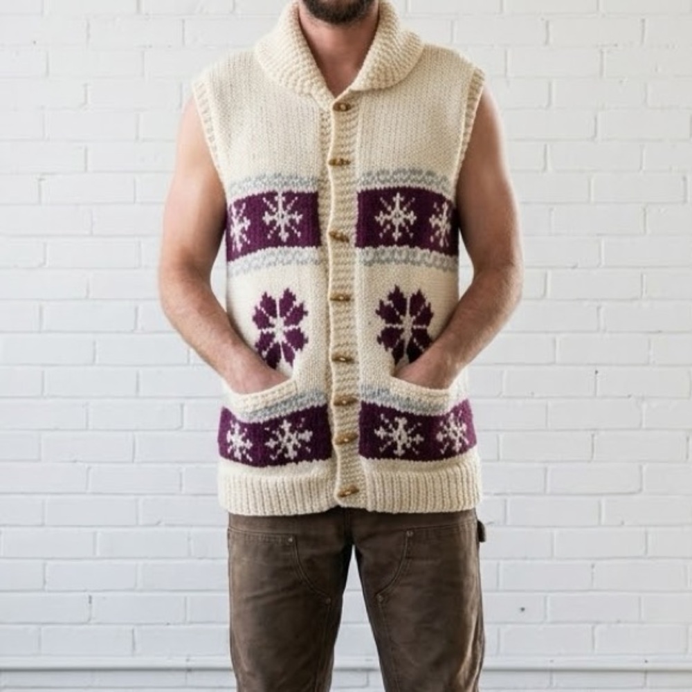 Vintage Handmade Knit Cardigan Sweater Vest Shawl Collar Mens Large Cowichan 70s